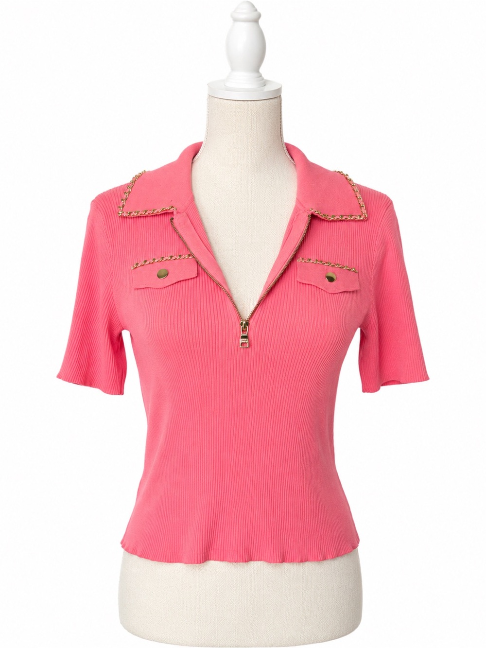 Nanette Lepore Coral-Pink Ribbed Short-Sleeve Polo Top with Gold Trim